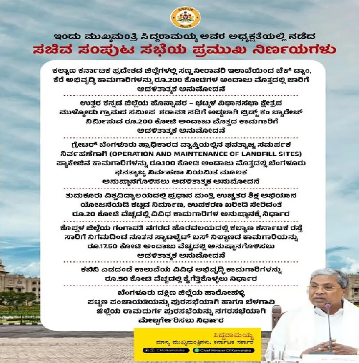 Major Resolutions of the Karnataka Cabinet Meeting