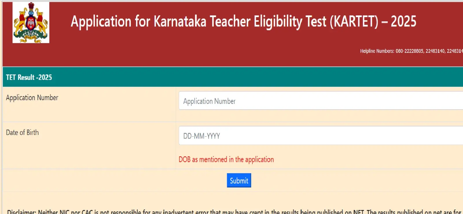 Application for Karnataka Teacher Eligibility Test (KARTET)