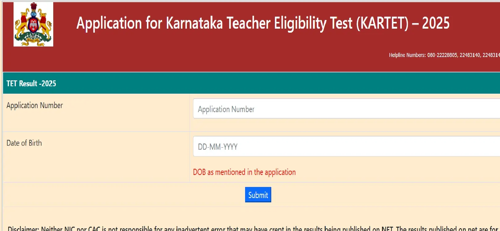 Application for Karnataka Teacher Eligibility Test (KARTET)