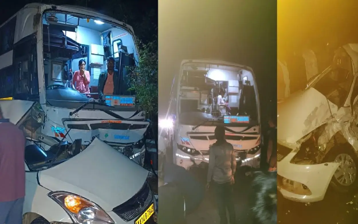 A serious collision between a KSRTC bus and a car near Thirthahalli