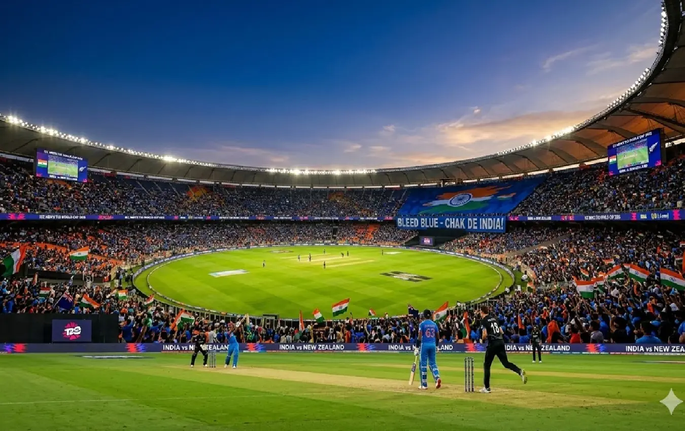 India vs New Zealand players at Narendra Modi Stadium for T20 World Cup 2026 Final.