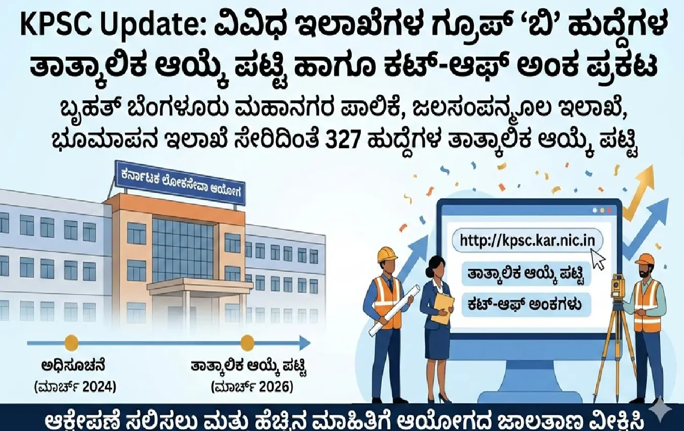 ರ್ನಾಟಕ ಲೋಕಸೇವಾ ಆಯೋಗದ ಕಚೇರಿ ಮತ್ತು ಗ್ರೂಪ್ ಬಿ ಆಯ್ಕೆ ಪಟ್ಟಿ ಮಾಹಿತಿ.