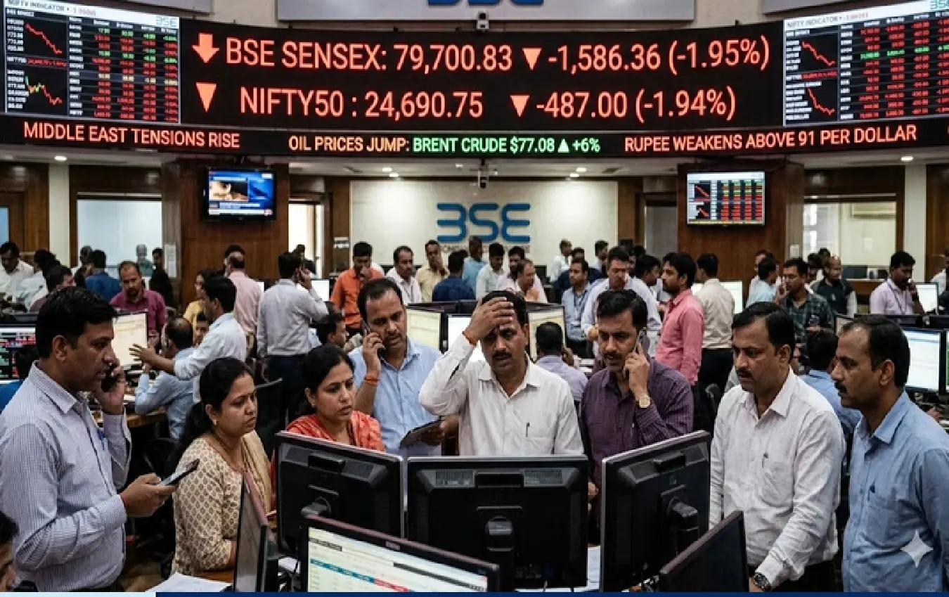 Stock market graph showing red downward trend with Sensex and Nifty logos.