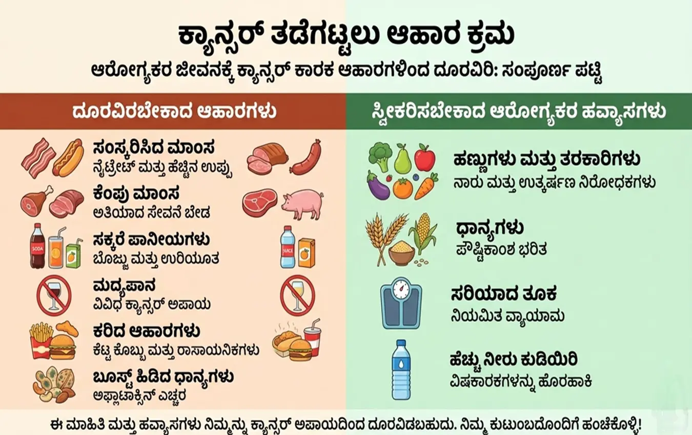 ಕ್ಯಾನ್ಸರ್ ಕಾರಕ ಆಹಾರಗಳ ಪಟ್ಟಿ ಮತ್ತು ಮುನ್ನೆಚ್ಚರಿಕೆ ಕ್ರಮಗಳು.