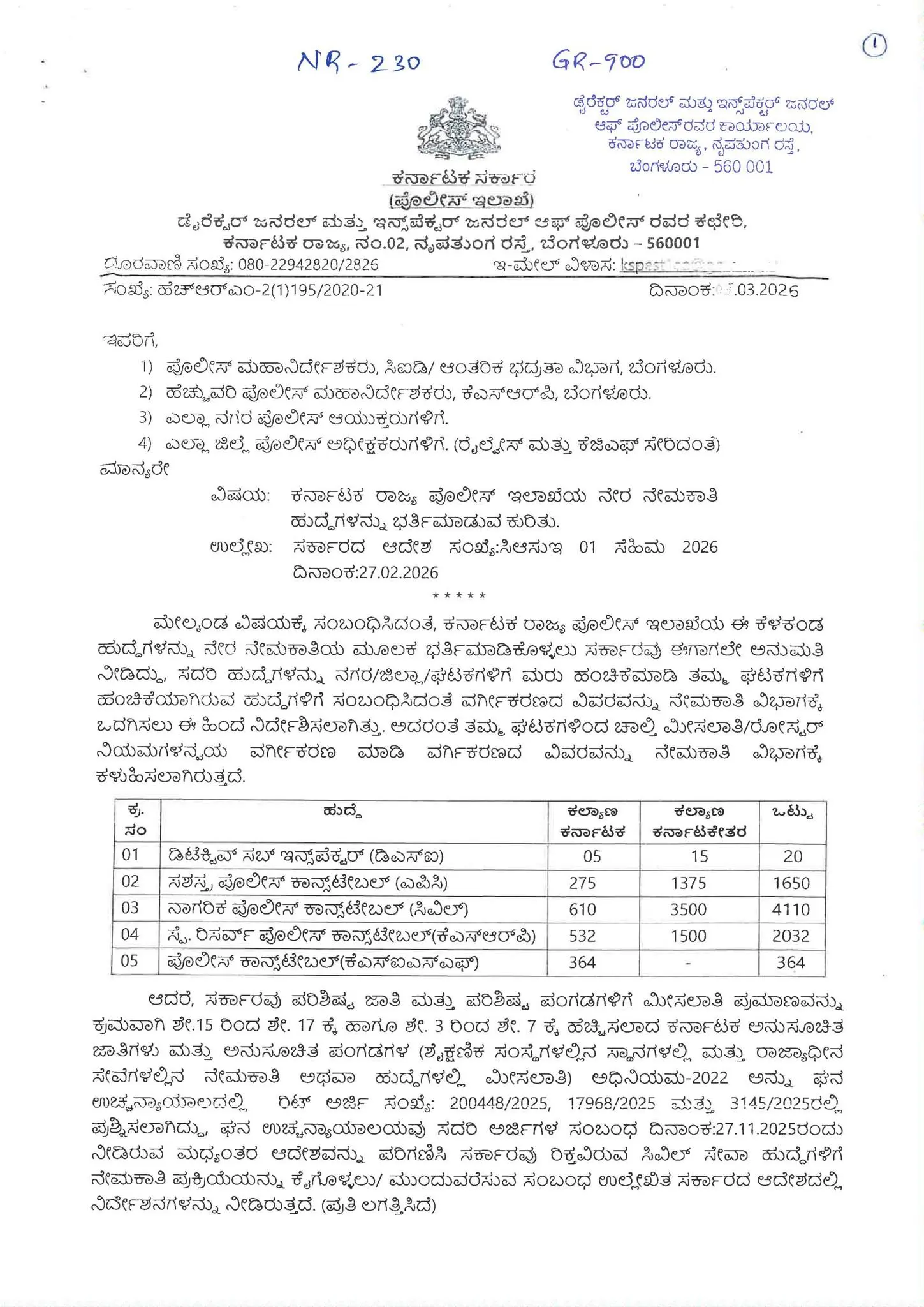 ಕರ್ನಾಟಕ ಪೊಲೀಸ್ ಇಲಾಖೆಯ 8176 ಹುದ್ದೆಗಳ ನೇಮಕಾತಿ ಕುರಿತ ಡಿಜಿ-ಐಜಿಪಿ ಅವರ ಅಧಿಕೃತ ಆದೇಶದ ಪತ್ರ.