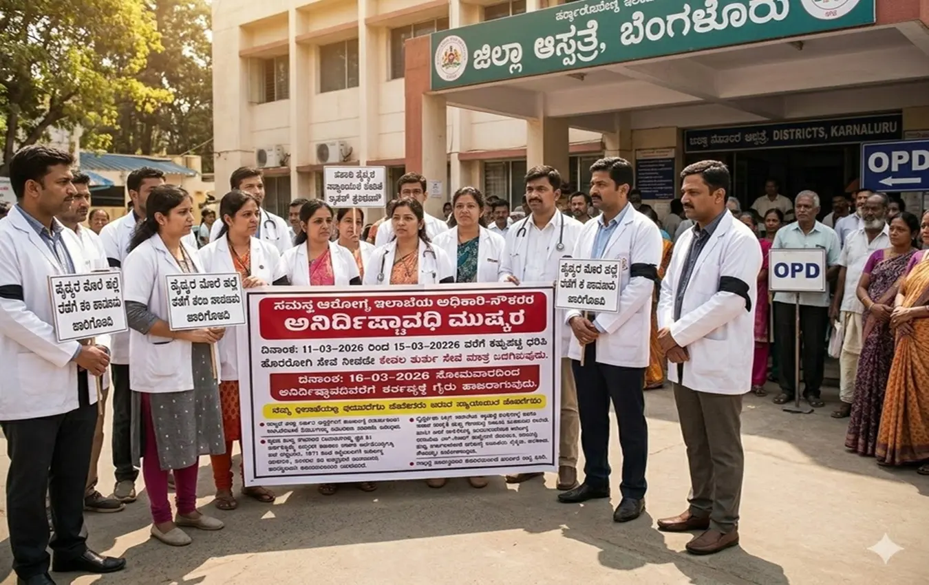 ಕರ್ನಾಟಕದ ಸರ್ಕಾರಿ ಆಸ್ಪತ್ರೆಗಳ ಮುಂಭಾಗ ವೈದ್ಯರ ಪ್ರತಿಭಟನೆ ಮತ್ತು ಮುಷ್ಕರದ ಬಿತ್ತಿಪತ್ರ