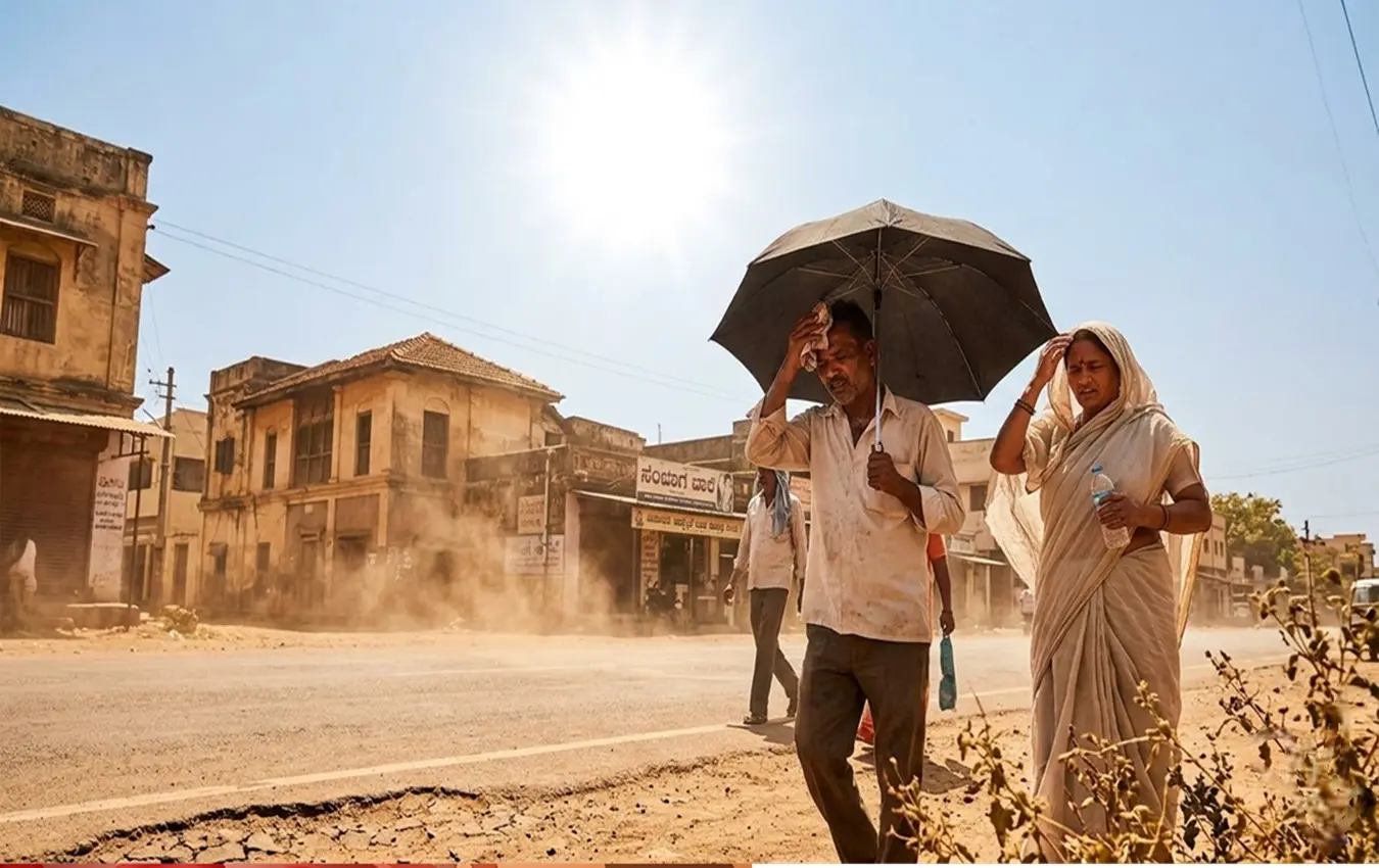 ಕರ್ನಾಟಕದ ನಗರ ಪ್ರದೇಶದಲ್ಲಿ ಬಿಸಿಲಿನ ಬೇಗೆಯಿಂದ ಬಳಲುತ್ತಿರುವ ಜನರು ಮತ್ತು ಉರಿಯುತ್ತಿರುವ ಸೂರ್ಯ. (People suffering from heat in a Karnataka city and scorching sun.)