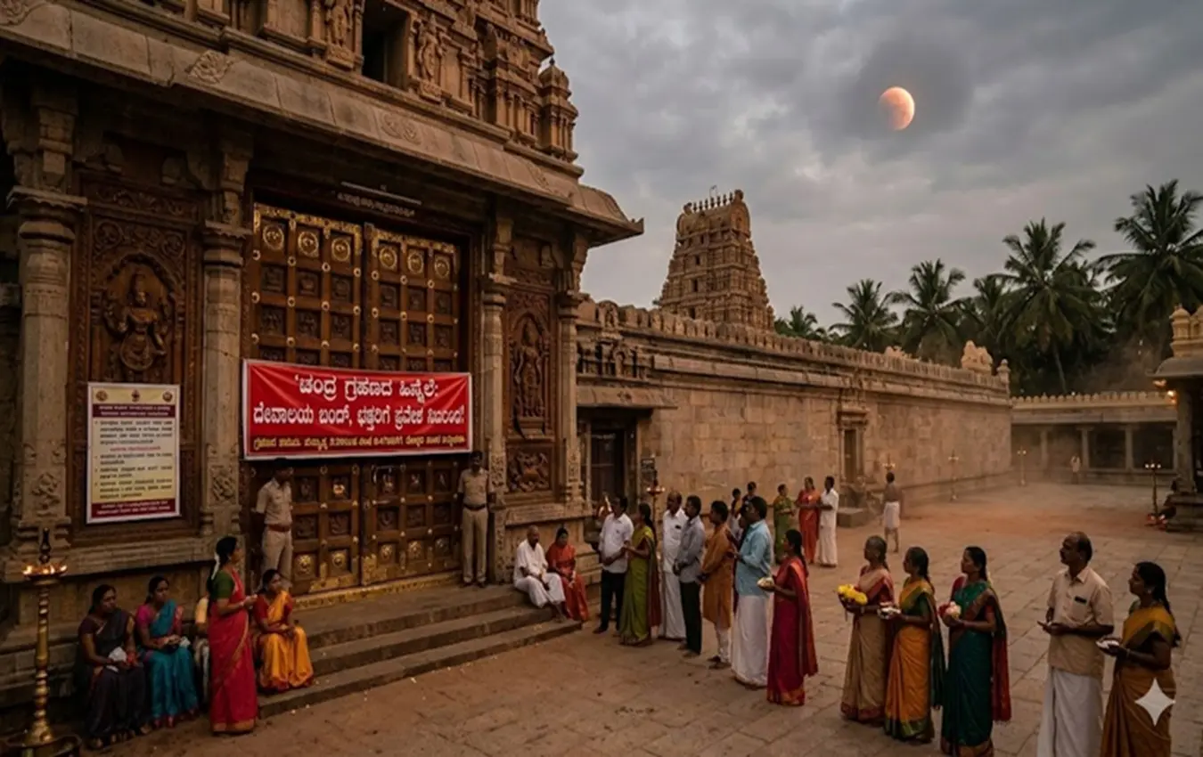 ಚಂದ್ರ ಗ್ರಹಣದ ಸಂದರ್ಭದಲ್ಲಿ ಮುಚ್ಚಲ್ಪಟ್ಟ ದೇವಾಲಯದ ಬಾಗಿಲು.