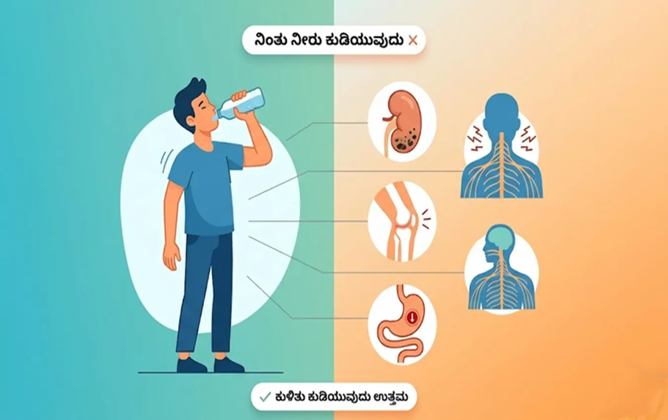 ಒಬ್ಬ ವ್ಯಕ್ತಿ ನಿಂತು ಬಾಟಲಿಯಿಂದ ನೀರು ಕುಡಿಯುತ್ತಿರುವ ಚಿತ್ರ