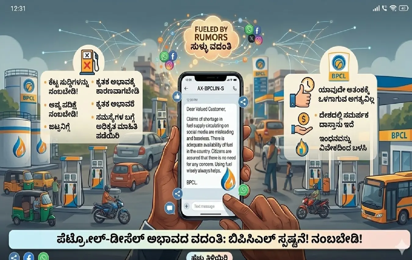 ಪೆಟ್ರೋಲ್ ಬಂಕ್ನಲ್ಲಿ ವಾಹನಗಳ ಸಾಲು ಮತ್ತು BPCL ಲೋಗೋ.