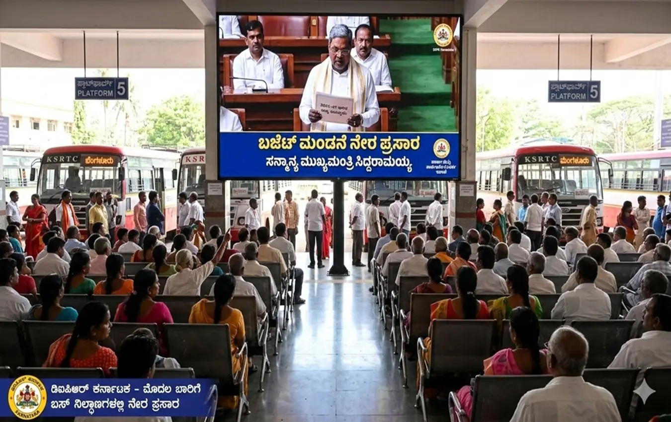 ಬಸ್ ನಿಲ್ದಾಣಗಳಲ್ಲಿ ಅಳವಡಿಸಲಾದ ಎಲ್ಇಡಿ ಪರದೆಯಲ್ಲಿ ಬಜೆಟ್ ವೀಕ್ಷಿಸುತ್ತಿರುವ ಜನಸಾಮಾನ್ಯರು.