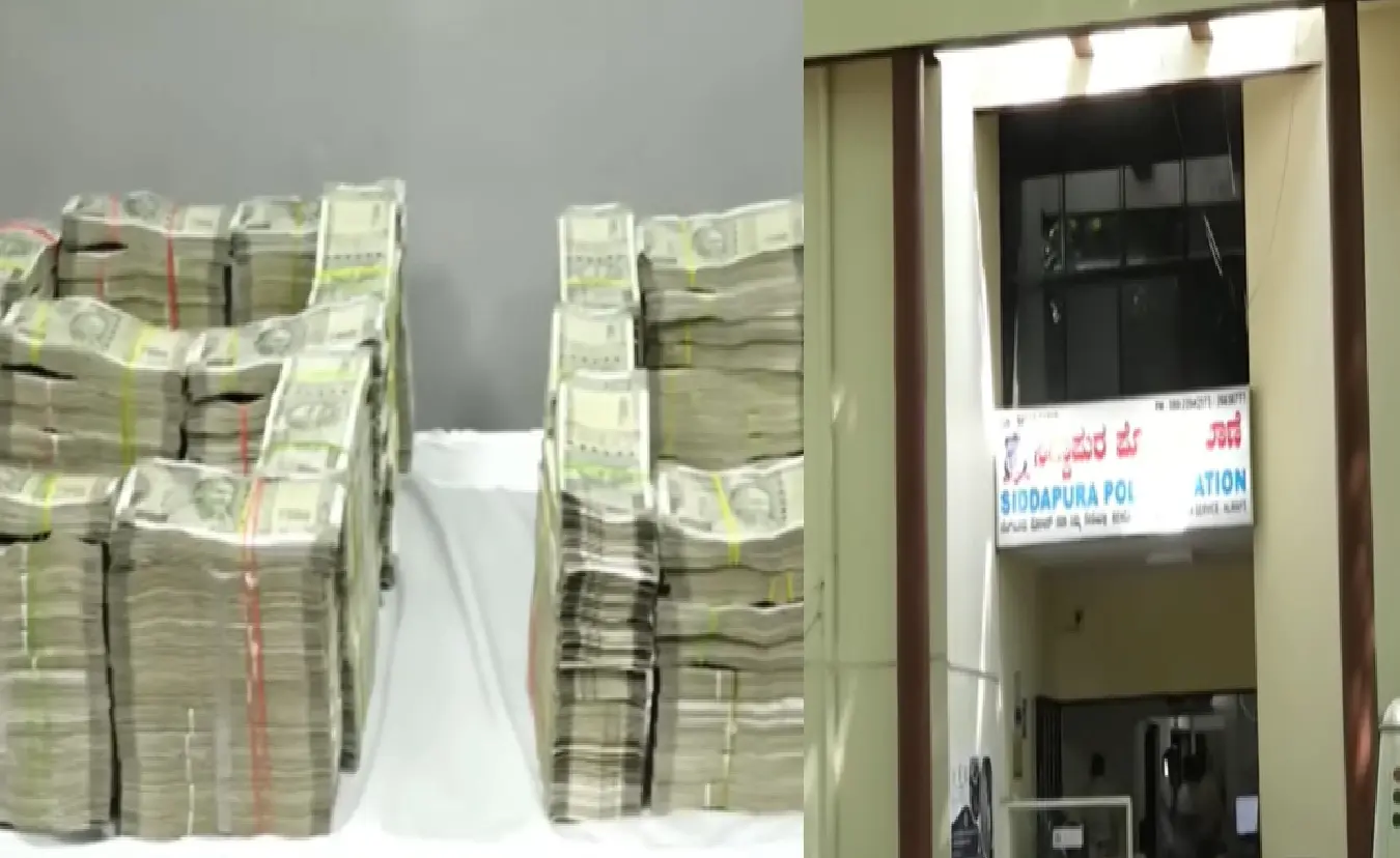 ಬೆಂಗಳೂರಿನ ಸಿದ್ದಾಪುರ ಪೊಲೀಸ್ ಠಾಣೆಯ ಗೇಟ್ ಮತ್ತು ವಶಪಡಿಸಿಕೊಂಡ ಹಣದ ಸಾಂಕೇತಿಕ ಚಿತ್ರ.