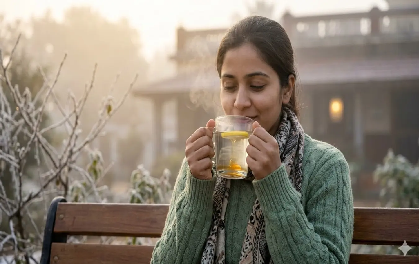 ಮುಂಜಾನೆ ಬೆಚ್ಚಗಿನ ನೀರು ಕುಡಿಯುತ್ತಿರುವ ಯುವತಿಯ ಚಿತ್ರ