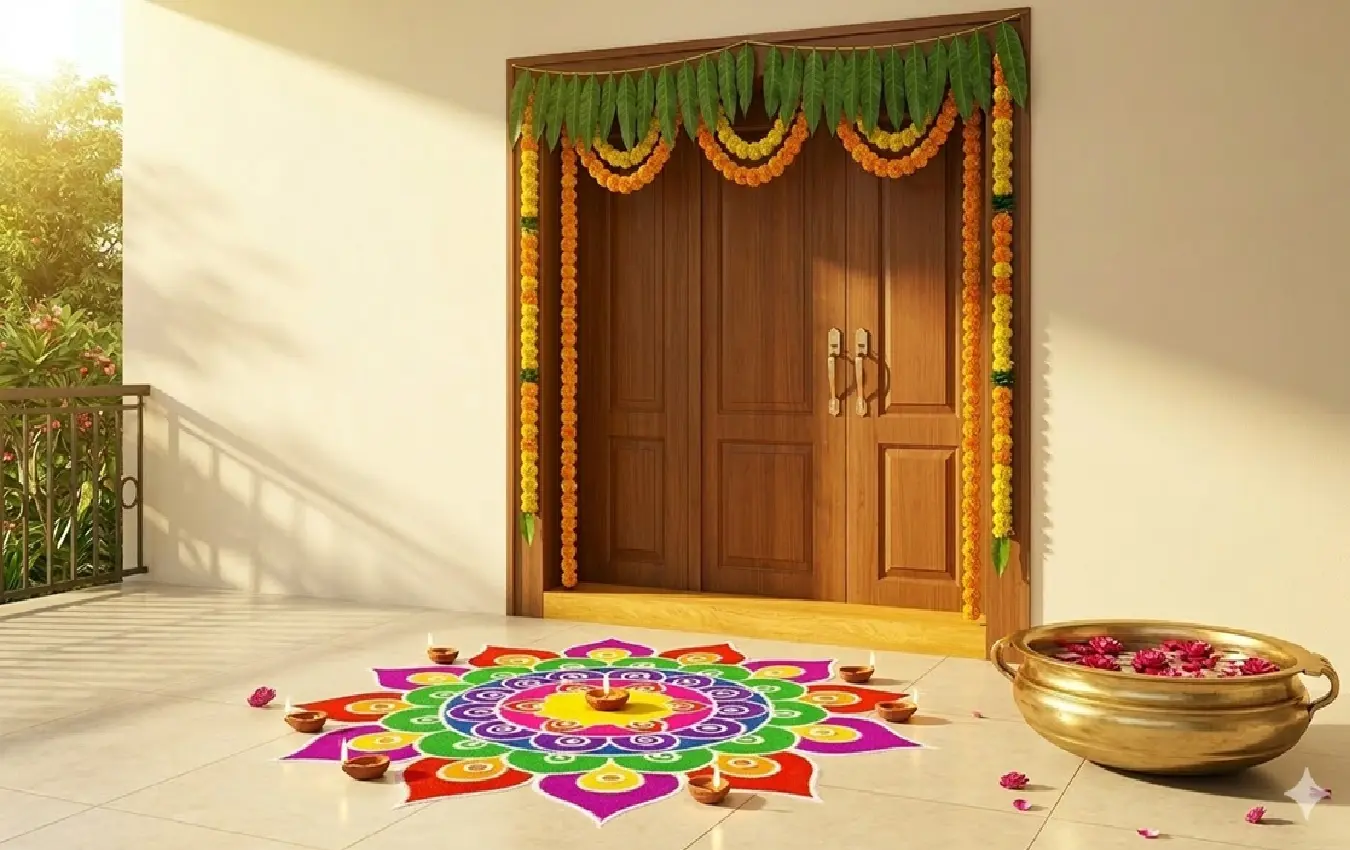 Traditional Indian home entrance decorated with mango leaves, marigolds, and rangoli for Ugadi festival.