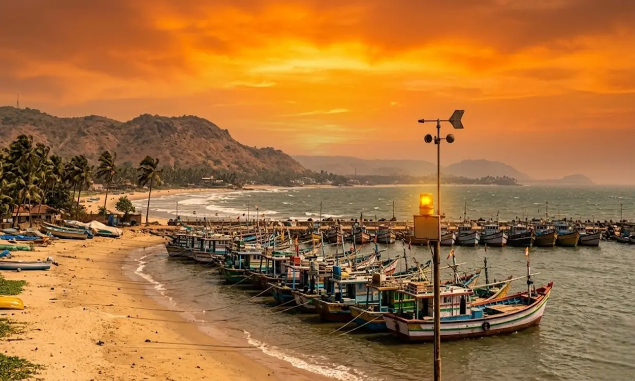 ಕರಾವಳಿಯ ಬಂದರಿನಲ್ಲಿ ಸಾಲಾಗಿ ನಿಂತಿರುವ ಮೀನುಗಾರಿಕಾ ಬೋಟ್ಗಳು