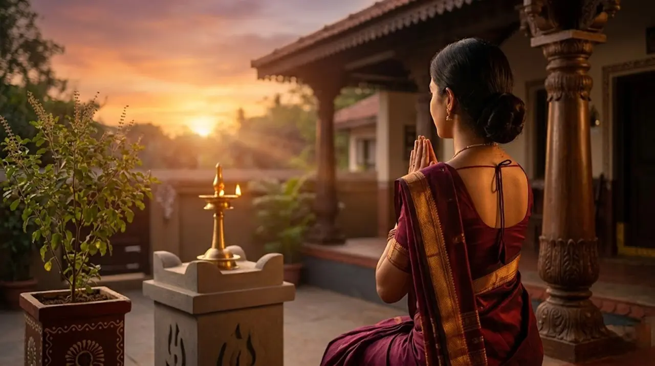 ದೀಪ ಹಚ್ಚುತ್ತಿರುವ ಮಹಿಳೆ ಮತ್ತು ಸೂರ್ಯಾಸ್ತದ ಸುಂದರ ದೃಶ್ಯ.