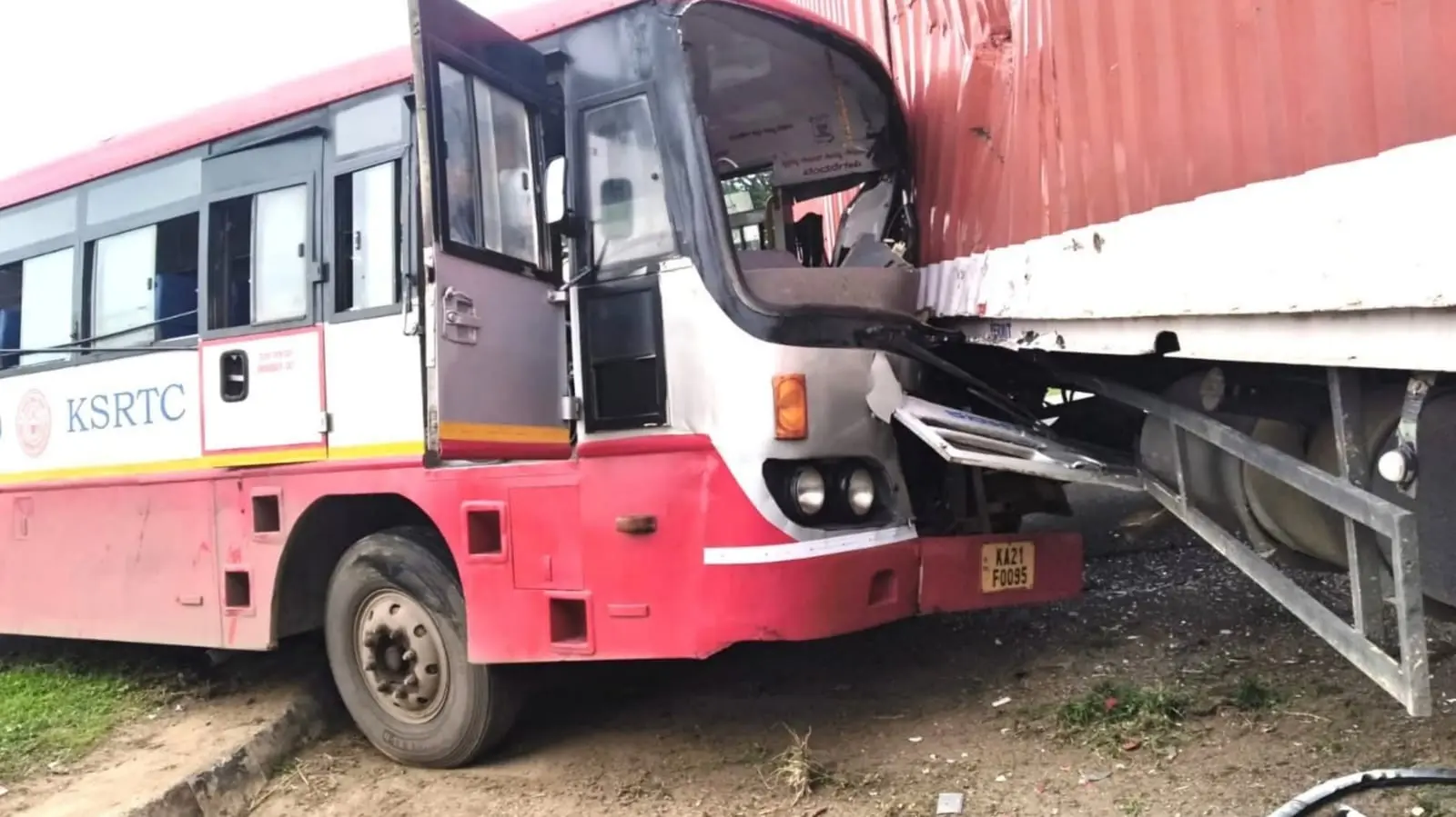 KSRTC bus and container lorry accident at Attivata Gate near Hoskote.