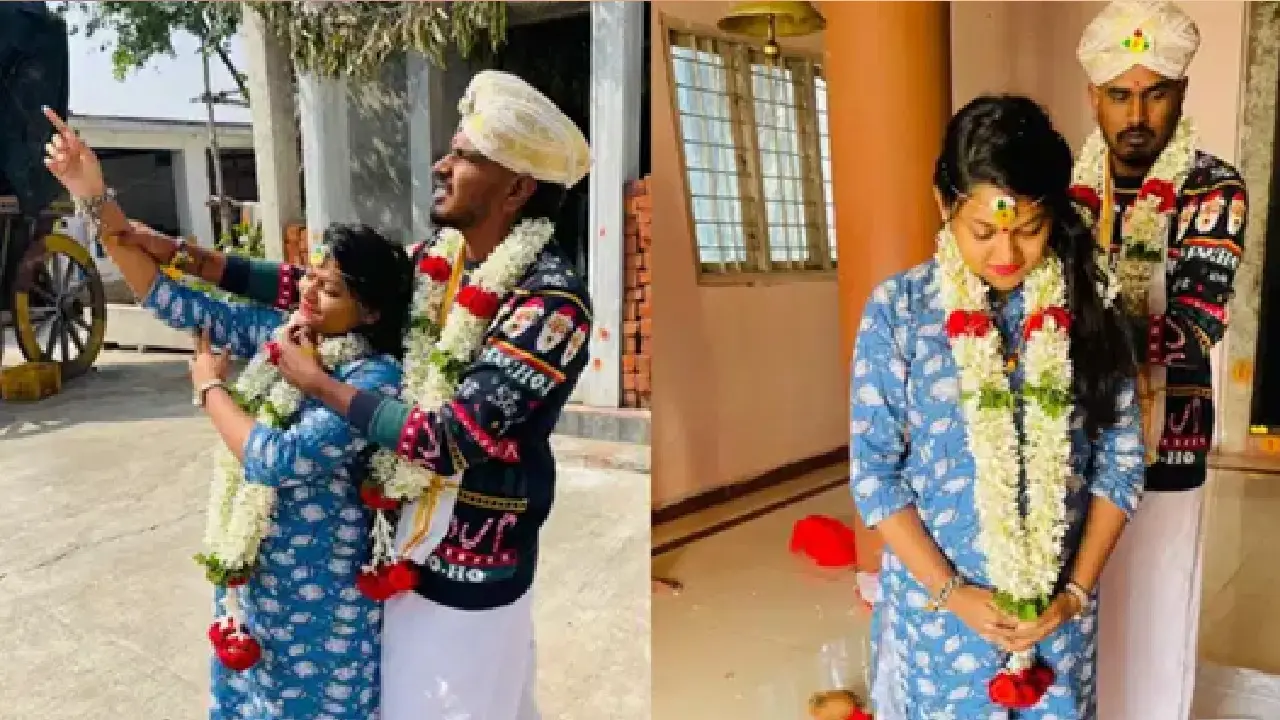 ಚಿಕ್ಕಬಳ್ಳಾಪುರದಲ್ಲಿ ದೇವಸ್ಥಾನದ ಮುಂದೆ ರಸ್ತೆಯಲ್ಲಿ ಪ್ರೇಯಸಿ ಕೀರ್ತನಾಳಿಗೆ ಮರುಮದುವೆಯಾಗಿ ತಾಳಿ ಕಟ್ಟುತ್ತಿರುವ ಪ್ರಿಯಕರ ಸಾಯಿ ಸಂದೀಪ್