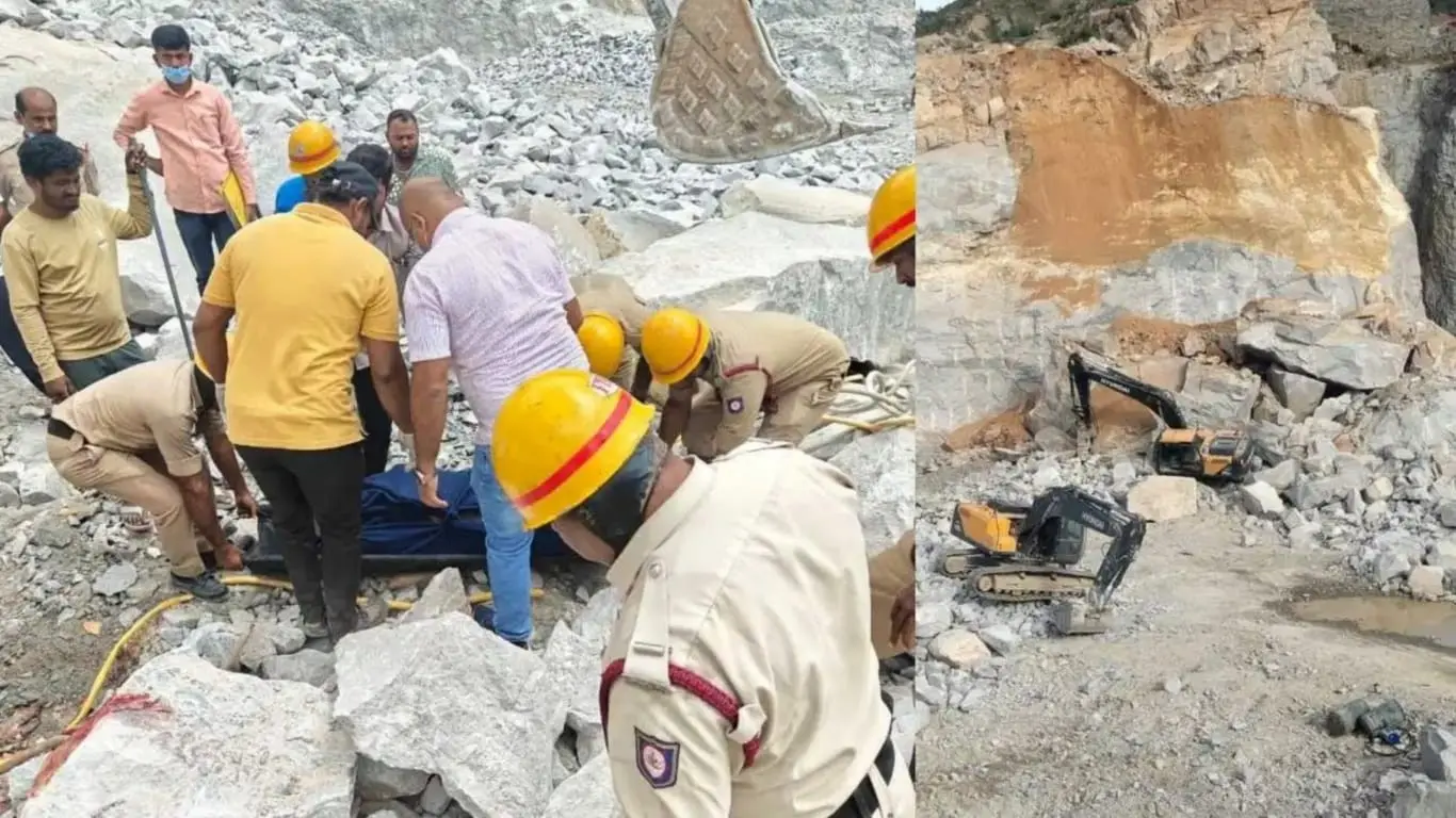 Police and forensic teams conduct a thorough inspection at the Madapattana quarry site after the rockfall tragedy claimed seven lives.